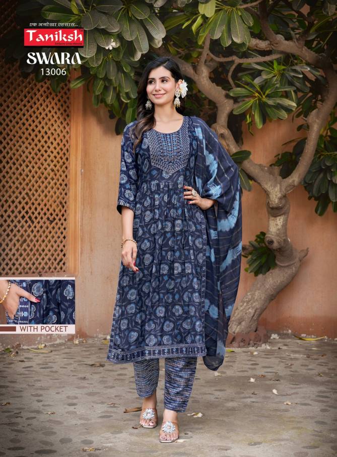 Swara Vol 13 By Taniksh Rayon Printed Embroidery Kurti With Bottom Dupatta Wholesale Online
